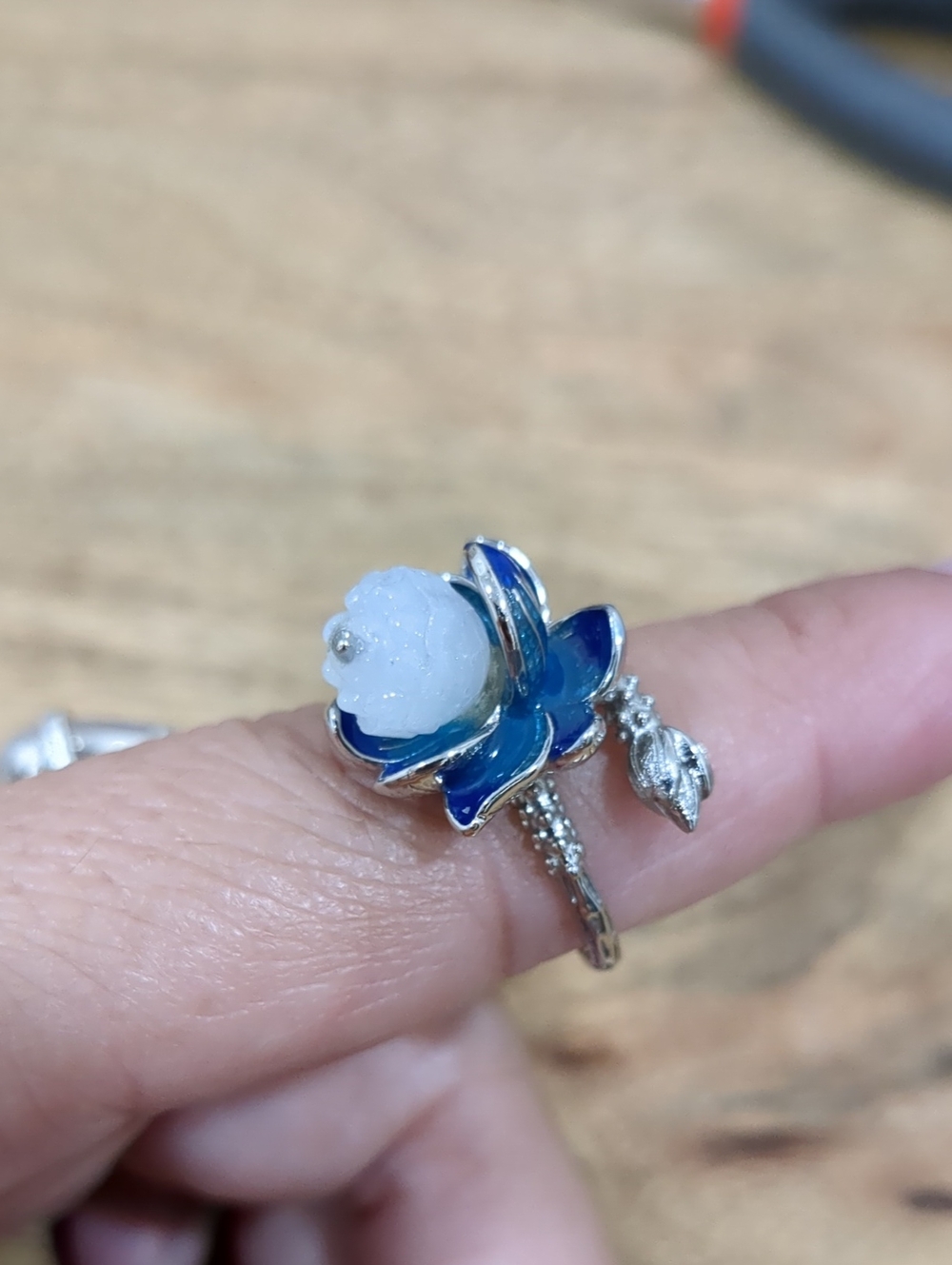 Sterling Silver Blue Enamel Lotus Ring with White Center Stone